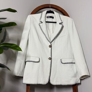 Zara XL White Tweed Contrast Trim Seamed Straight Cut Blazer Jacket